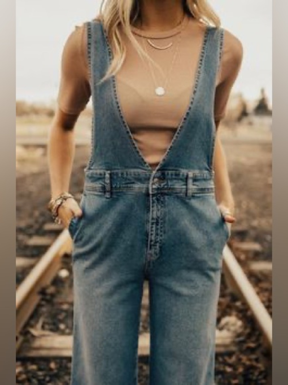 EUC Free People Wide-Leg Denim Overalls A-Lime Medium Wash - Picture 5 of 14